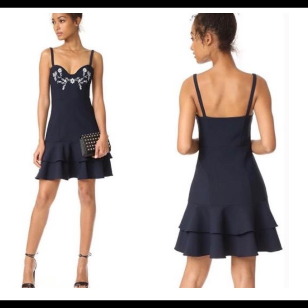 CINQ A SEPT NAVY SHORT PEPLUM DRESS WITH FLOWER EMBROIDERY